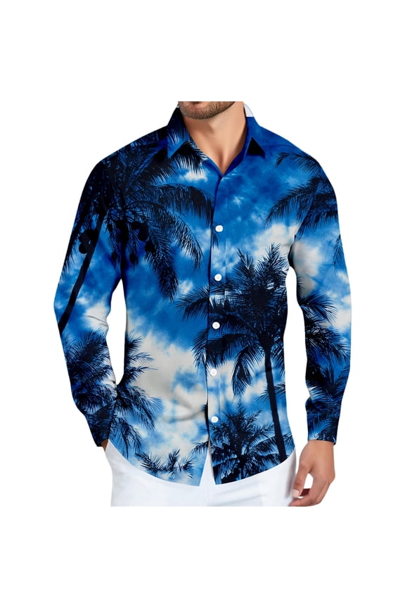 Floral Long Sleeve Shirts for Men Hawaiian Tropical Print Collared Button Down Resort Beach Vacation Outdoor Party Tops 2026 Dark Blue M