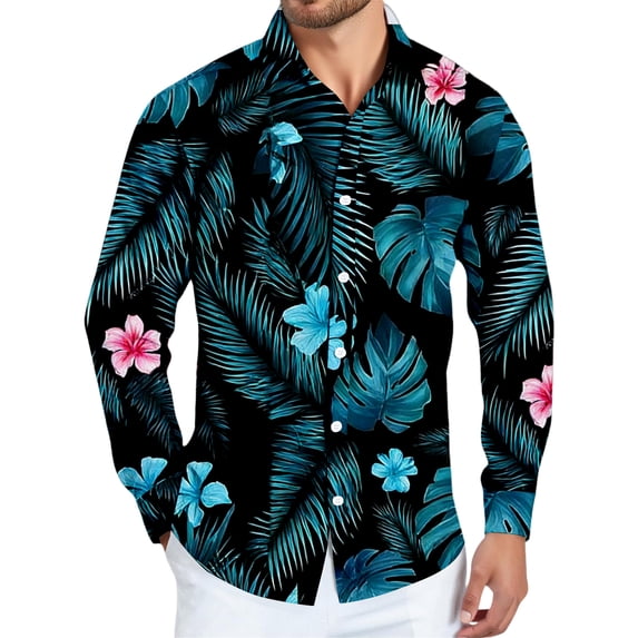 Floral Long Sleeve Shirts for Men Hawaiian Tropical Print Collared Button Down Resort Beach Vacation Outdoor Party Tops Sky Blue 2XL