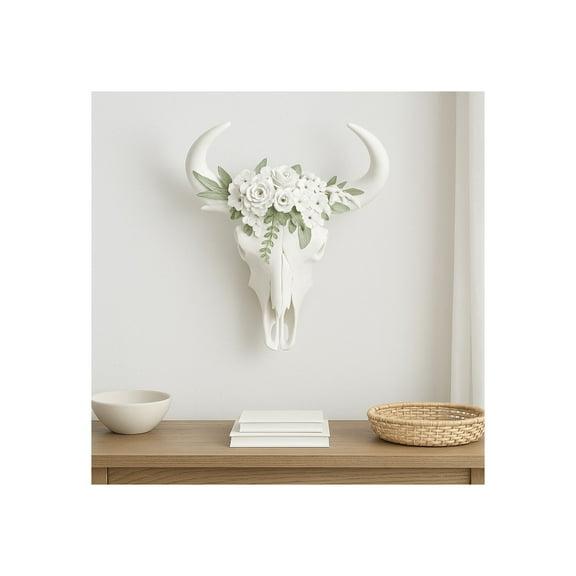 Floral Longhorn Skull Wall Sculpture - Handcrafted Resin Western Boho Decor - Cow Skull with Flowers for Living Room, Bedroom, or Office - Wall Hanging Decoration - 13" White