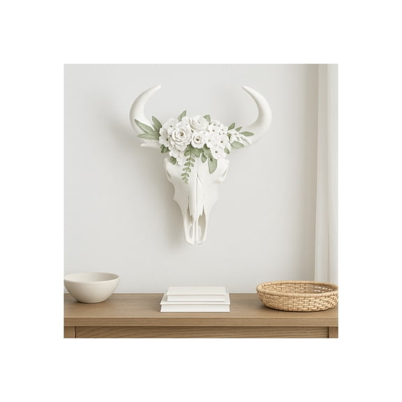 Bull Skull Room Decor Art Sculpture with Floral Accent for Home Decor- Wall Art Bedroom Accent for Living Room and Bathroom Art - Abstract Resin Hanging Piece for Wall Display - 13", White