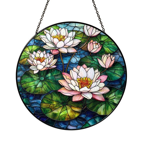 Floral Lotus Field Glass Suncatcher Window Decor, Botanical Hanging Ornament