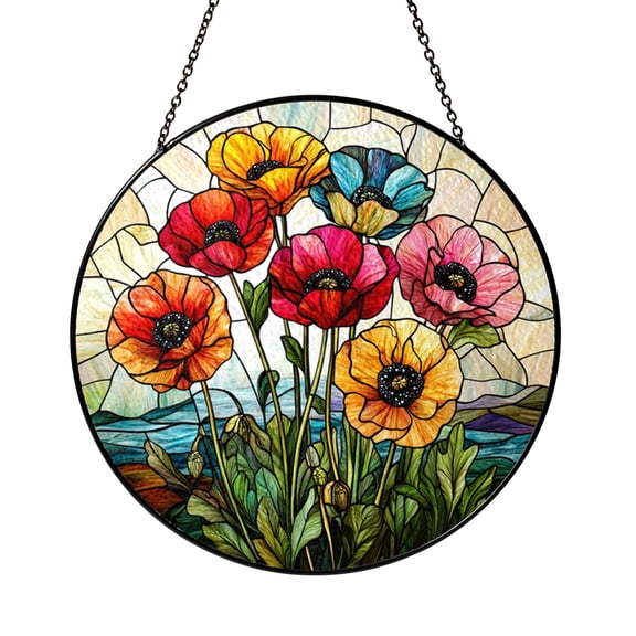Floral Lotus Field Glass Suncatcher Window Decor, Botanical Hanging Ornament