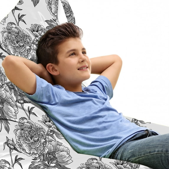 Floral Lounger Chair Bag, Plant Blossom Spring Season Birth of Nature Monochrome Sketch Vintage Design, High Capacity Storage with Handle Container, Lounger Size, Black Grey White, by Ambesonne