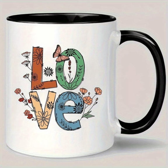 Floral Love Ceramic Mug with Colorful Floral Design Bold LOVE Lettering Insulating Reusable Coffee Cup Hand Wash Only Coffee Lovers Kitchen Dining Essentials Coffee Mug Artistic Kitchenware