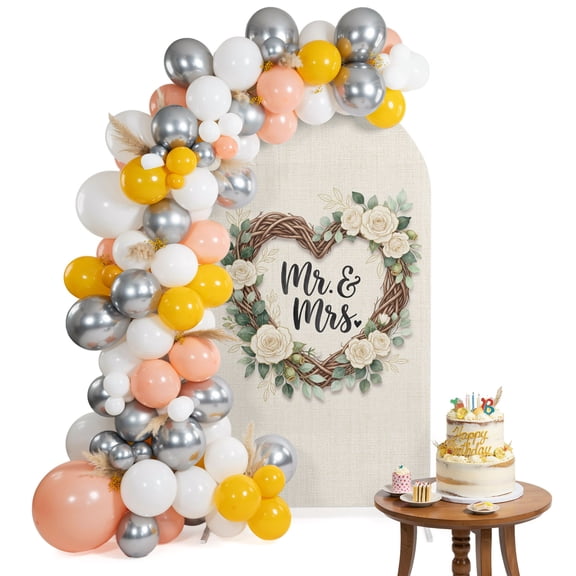 Floral Love Heart Wreath Arch Backdrop Cover 4FT Anniversary Rose Mr Mrs Romantic Spandex Fitted Arch Covers Stretchy Backdrop Decoration for Wedding Birthday Graduation Party
