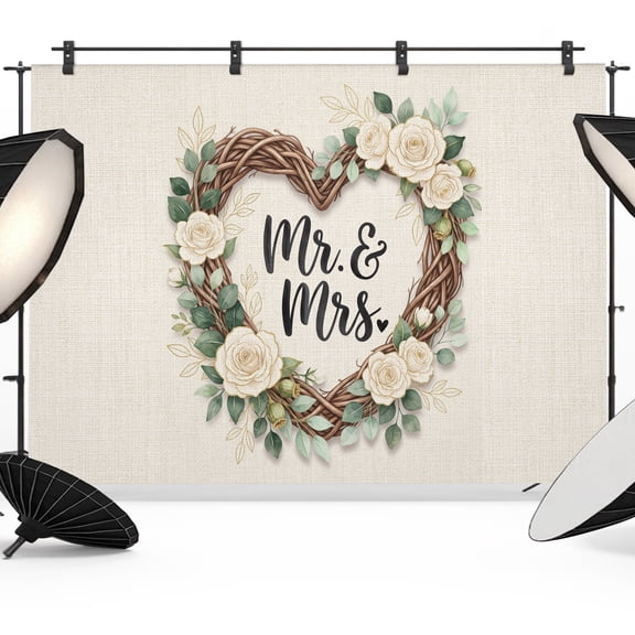 Floral Love Heart Wreath Backdrop for Photography, Anniversary Rose Mr Mrs Romantic Photo Backdrop Portrait Background Party Banner Photo Backgrounds for Studio Booth Props, 7x5ft