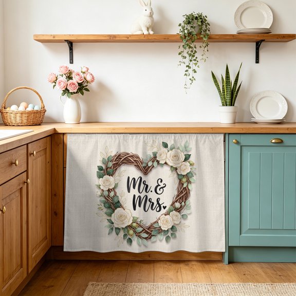 Floral Love Heart Wreath Cabinet Curtains 11" W x 13" L Anniversary Rose Mr Mrs Romantic Waterproof Adhesive Kitchen Under Sink Curtain Dust-Proof Dishwasher Skirt for Closet