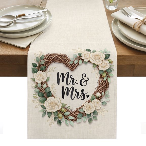 Floral Love Heart Wreath Cotton Linen Table Runner Anniversary Rose Mr Mrs Romantic Dining Table Runners for Home Decor Party Dining Room Restaurant Kitchen Party 13" x 36"