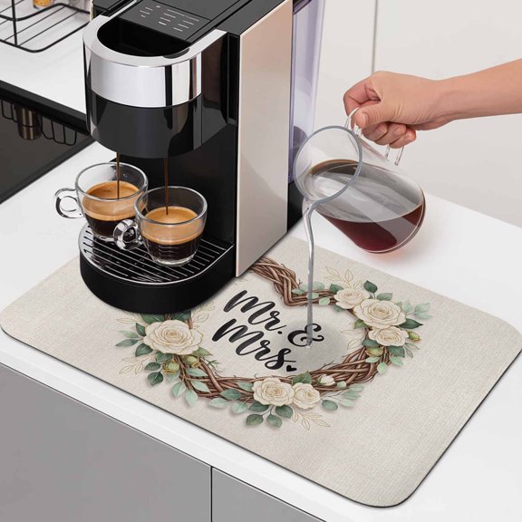 Floral Love Heart Wreath Dish Drying Mats for Kitchen Counter, Anniversary Rose Mr Mrs Romantic Absorbent Coffee Bar Mat with Non-slip Rubber Backed Quick Drying Dish Rack Pad 16"x24"
