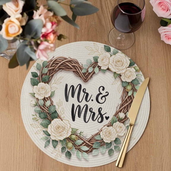 Floral Love Heart Wreath Round Braided Placemats Set of 1, Anniversary Rose Mr Mrs Romantic Heat Insulation Place Mats Washable Non-Slip Table Mats for Kitchen Dining Party, 13 Inches