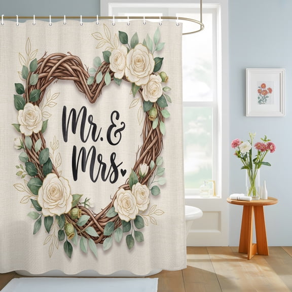 Floral Love Heart Wreath Shower Curtain, Anniversary Rose Mr Mrs Romantic Waterproof Washable Shower Curtain for Bathroom Bathtub Partition Bath Decoration Set with Hooks 72x78in