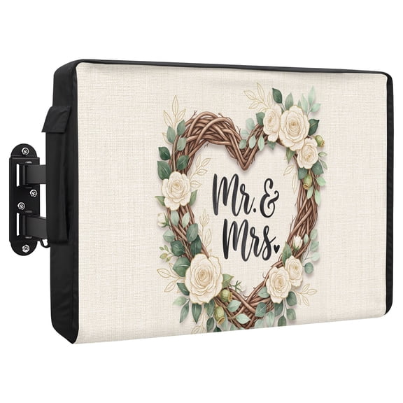 Floral Love Heart Wreath Waterproof Outdoor TV Cover, Anniversary Rose Mr Mrs Romantic Outside Weatherproof TV Enclosures for 52 to 55 Inch LCD Television Shield Flat Screen Protectors