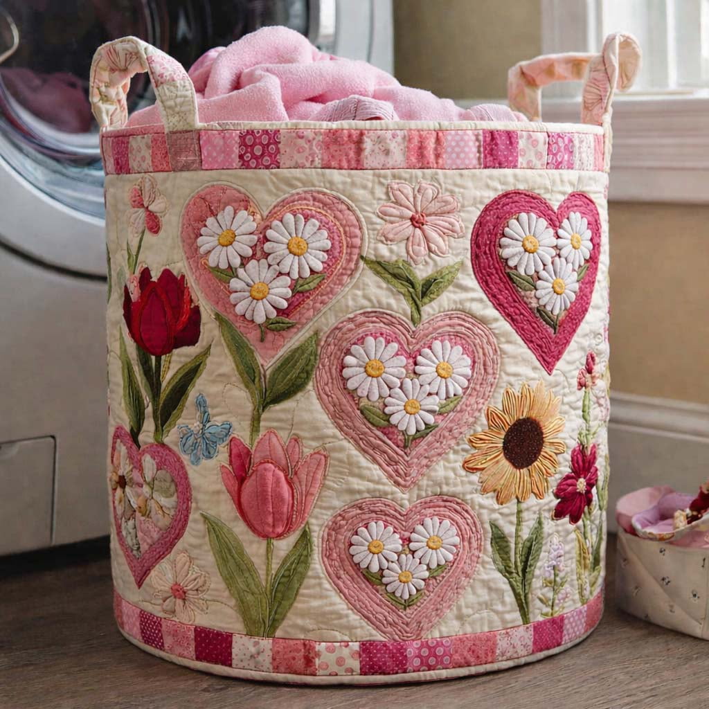 Floral Love Quilted Laundry Basket, Storage Bin Laundry Basket Fabric, House Storage Hamper, Mother Day's Gift Ideas