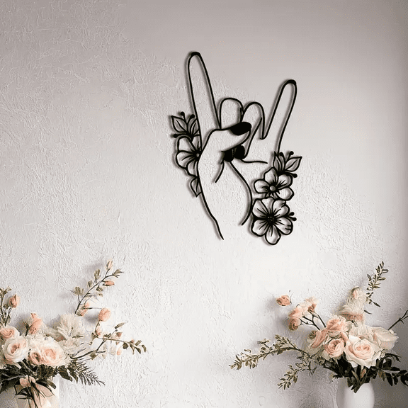 Floral Love You Hand Gesture Metal Wall Art, Unique Line Drawing Home Decor