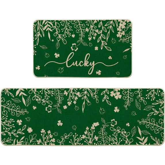 Floral Lucky Shamrock St. Patrick''s Day Kitchen Mats Set of 2, Home Decor Low-Profile Kitchen Rugs for Floor - 17x29 and 17x47 Inch