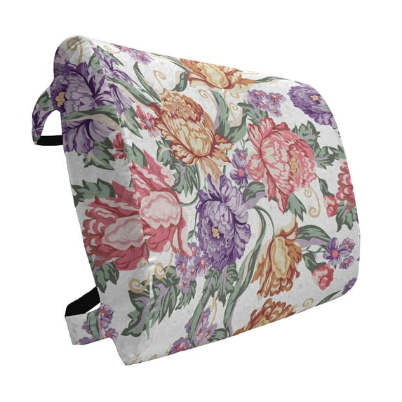 Floral Lumbar Pillow, Vintage Colorful Flowers and Curls on White Background Romantic Spring Pattern Print, Soft Back Cushion Office Chairs with Adjustable Straps, 14" x 13", Multicolor, by Ambesonne