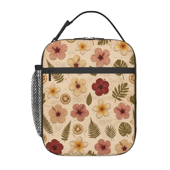 Floral Lunch Bag Insulated Reusable Lunch Box, Botanical Print Thermal Cooler Tote With Buckle Handle And Side Pocket For Work Office Picnic Travel