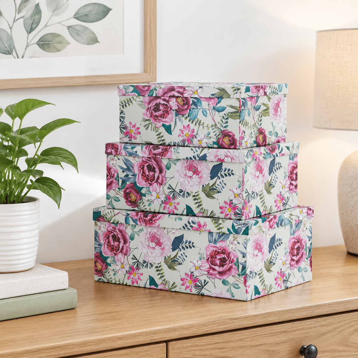 Floral Luxe Decorative Storage Boxes with Lids Set of 3, Nesting ...
