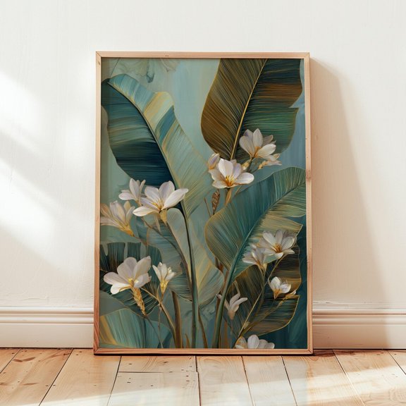 Floral Luxe White Bloom Golden Green Botanical Wall Art Home Decor Unframed Paper Print
