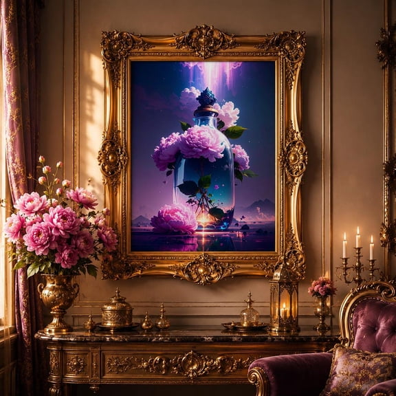 Floral Luxury Perfume Bottle Wall Art Print, Unframed Paper Poster 24x36in