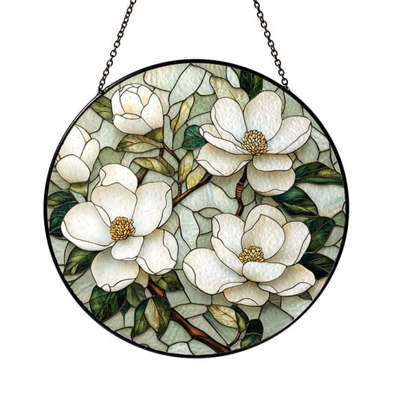 Floral Magnolia Stained Glass Window Panel – Decorative Accent