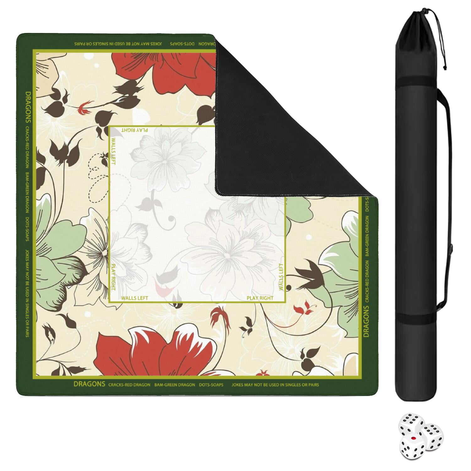 Floral Mahjong Mat with Rules, 31.5*31.5in Anti Slip American Mahjong Mat for Table, Noise Reduction, Neoprene Mah jongg Mats with Carrying Bag & 3 Dices, Mahjong Set Gift, Board Tile Games Mats