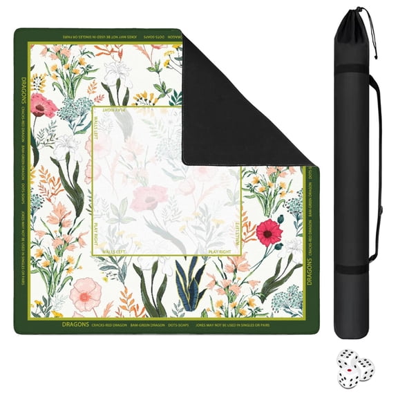 Floral Mahjong Mat with Rules, 31.5*31.5in Anti Slip American Mahjong Mat for Table, Noise Reduction, Neoprene Mah jongg Mats with Carrying Bag & 3 Dices, Mahjong Set Gift, Board Tile Games Mats
