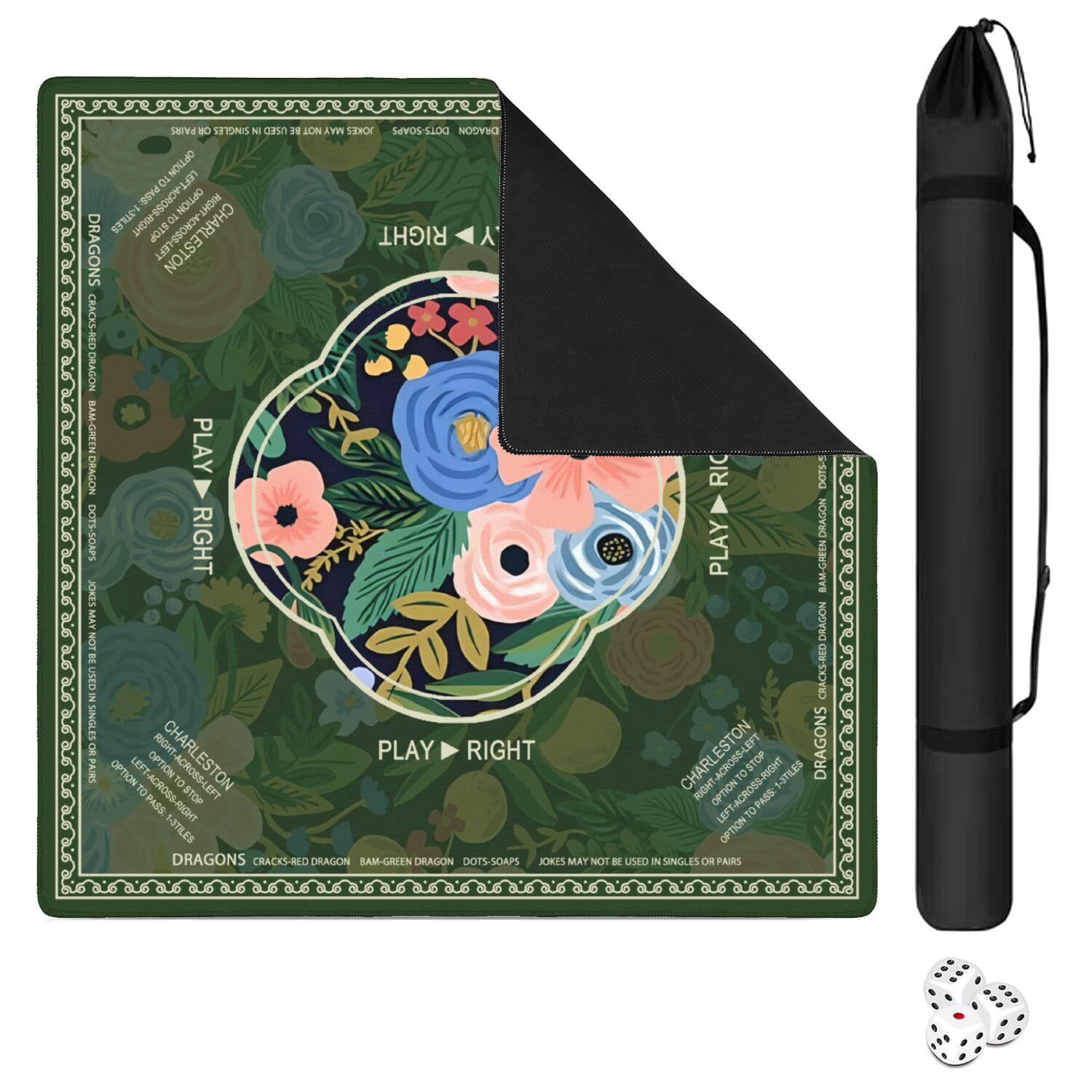 Floral Mahjong Mat with Rules, 31.5*31.5in Anti Slip American Mahjong Mat for Table, Noise Reduction, Neoprene Mah jongg Mats with Carrying Bag & 3 Dices, Mahjong Supplies Gift, Board Tile Games Mats
