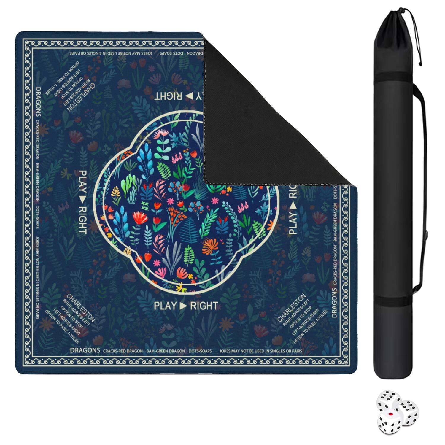 Floral Mahjong Mat with Rules, 31.5*31.5in Anti Slip American Mahjong Mat for Table, Noise Reduction, Neoprene Mah jongg Mats with Carrying Bag & 3 Dices, Mahjong Supplies Gift, Board Tile Games Mats