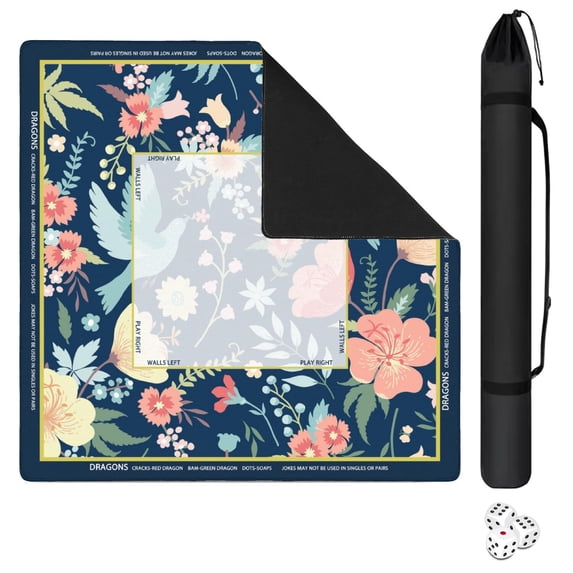 Floral Mahjong Mat with Rules, 31.5*31.5in Anti Slip American Mahjong Mat for Table, Noise Reduction, Neoprene Mah jongg Mats with Carrying Bag & 3 Dices, Mahjong Supplies Gift, Board Tile Games Mats