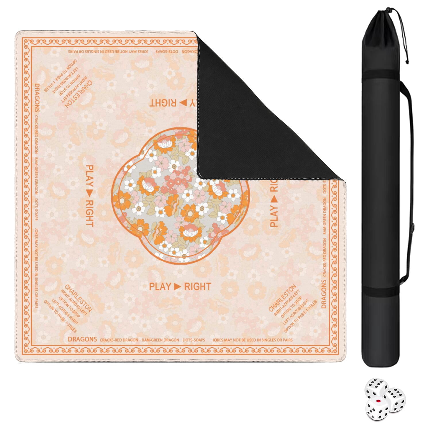 Floral Mahjong Mat with Rules, 31.5*31.5in Anti Slip American Mahjong Mat for Table, Noise Reduction, Neoprene Mah jongg Mats with Carrying Bag & 3 Dices, Mahjong Supplies Gift, Board Tile Games Mats