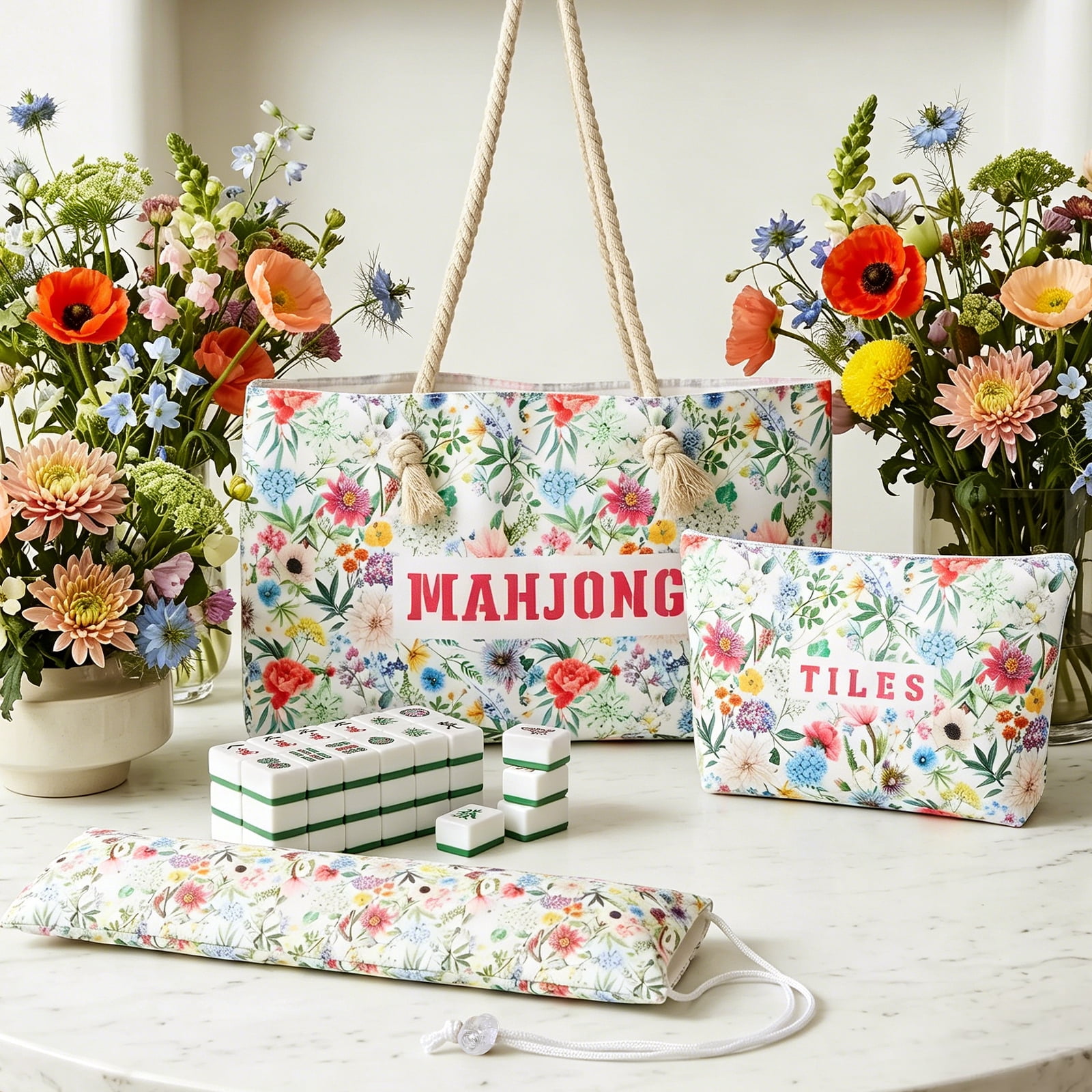 Floral Mahjong Storage Bag Set 3 Piece Organizer with Large Tote Tile Pouch and Drawstring Bag for American Mahjong Tile Rack and Accessories