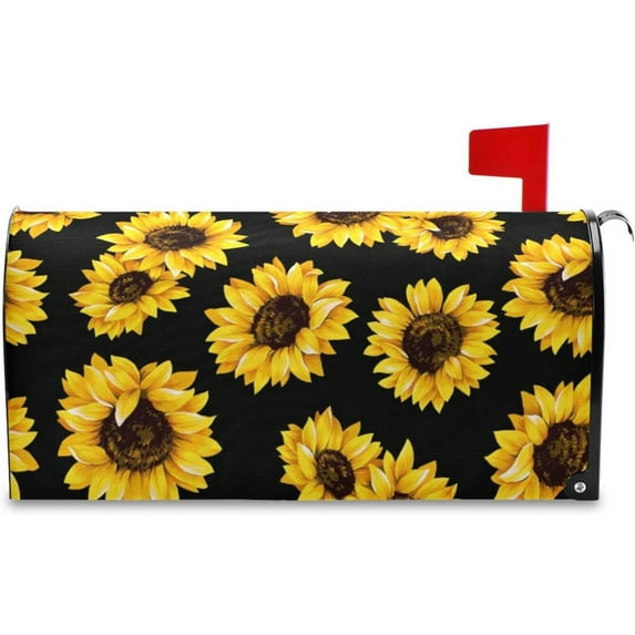 Floral Mailbox Covers, Sunflowers Black Mailbox Covers Oxford Cloth Post Box Cover with Magnetic Strip for Garden Yard Decor