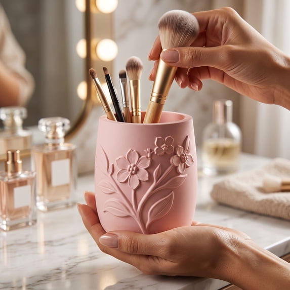 Floral Makeup Brush Holder, Embossed Flower Cosmetic Storage Cup, Decorative Pen Organizer for Vanity Desk Bathroom Counter, Cottagecore French Vintage Boho Desktop Decor and Gift
