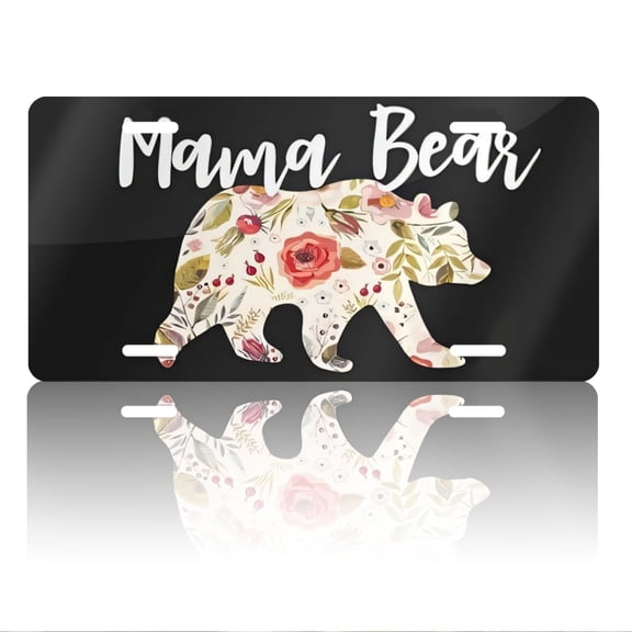 Floral Mama Bear License Plate, Front Decoration License Plates Cover Rust-Proof Aluminum Metal, Novelty Vanity Tag Cover with 4 Holes Car Decor 12 X 6 Inches for Men Women