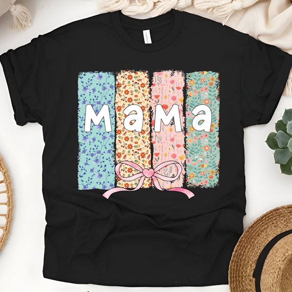 Mama T-Shirt for Women | Pastel Floral Gift for Mom | Cute Mother's Day Tee, Black, Size 5XL