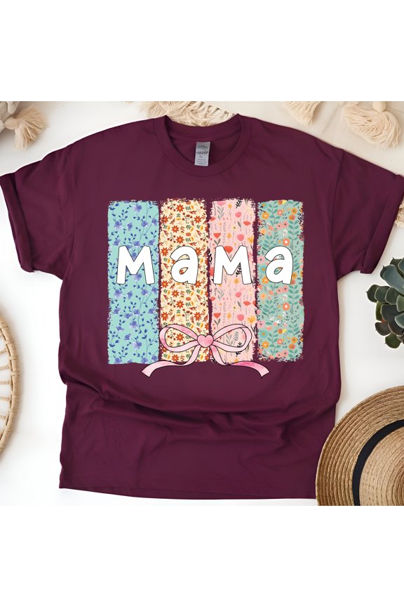 Mama T-Shirt for Women | Pastel Floral Gift for Mom | Cute Mother's Day Tee, Maroon, Size L