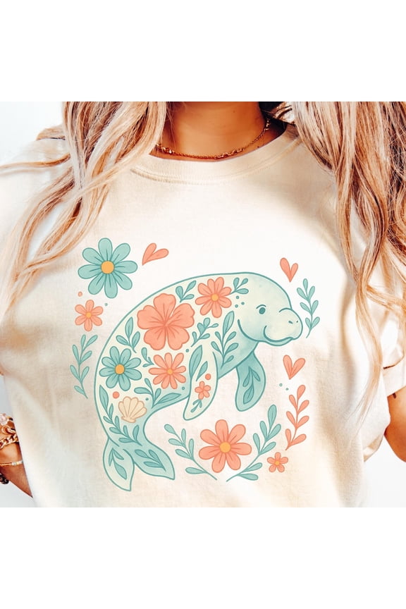 Floral Manatee Summer Shirt, Preppy Summer Beach Lover Shirt, Coastal Floral Tee, Ocean Lover Gift, Beach Vacation