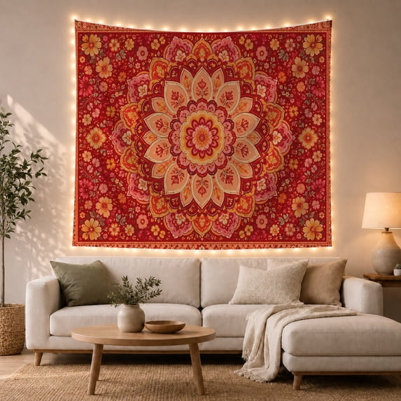Floral Mandala with Abundant Garden Blooms, Whimsical Boho for Bohemian Decor Enthusiasts, Vibrant Botanical Wall Art, Housewarming Gift, Tapestry Wall Hanging for Bedroom and Living Room