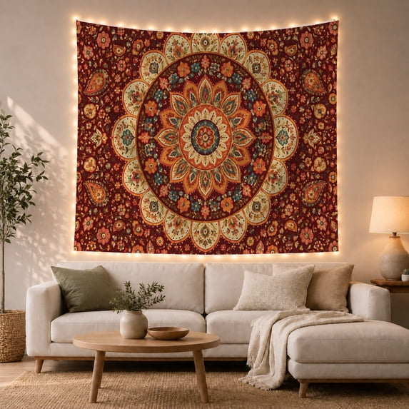 Floral Mandala Among Paisley Leaves, Serene Boho for Mandala Art Lovers, Botanical Wall Art, Housewarming Gift, Tapestry Wall Hanging for Bedroom and Living Room