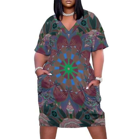Floral Mandala Butterfly Pattern Design Women's Loose Short Sleeve Dress Casual Summer Plus Size Long Dresses with Pockets