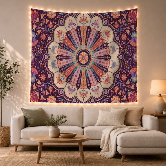 Floral Mandala on Deep Purple Background, Playful Psychedelic for Boho Decor Lovers, Ornate Bohemian Wall Art, Housewarming Gift, Tapestry Wall Hanging for Living Room and Bedroom