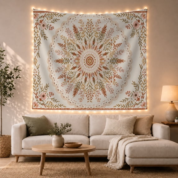 Floral Mandala on Dusty Blue Background, Serene Boho for Plant Lovers, Botanical Art Decor, Housewarming Gift, Tapestry Wall Hanging for Bedroom and Living Room