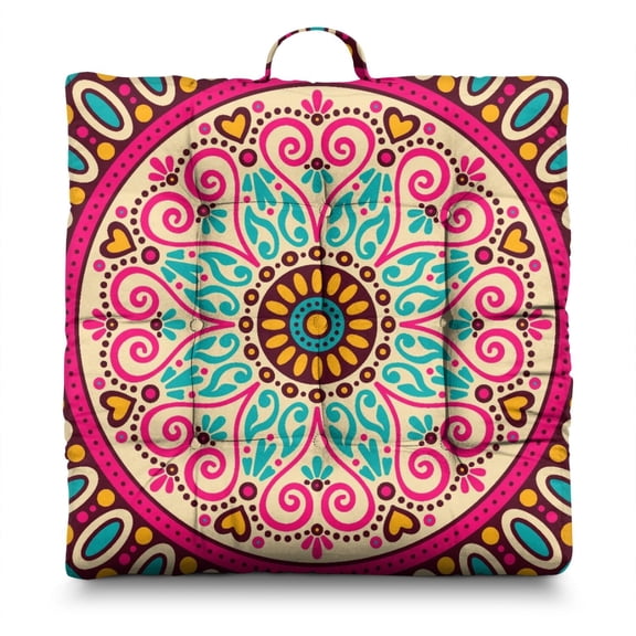 Floral Mandala Meditation Pillow&nbsp;– 22 Inch Large Square Cushion, Vintage Boho Design, Soft for Meditation & Reading