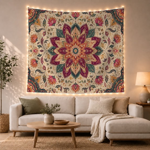 Floral Mandala With Paisley Pattern on Beige, Peaceful Boho Style for Boho Decor Lovers, Mandala Wall Art, Housewarming Gift, Tapestry Wall Hanging for Bedroom and Living Room