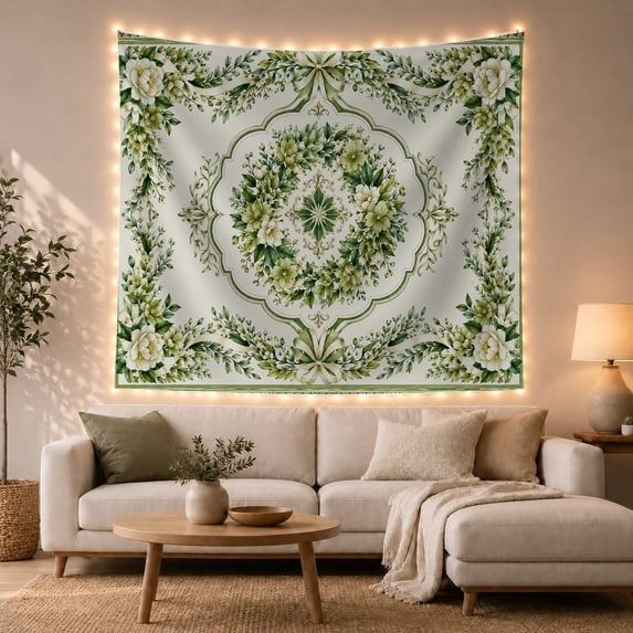 Floral Mandala in a Scalloped Leafy Wreath, Calming Boho for Flower Lovers, Botanical Wall Art, Housewarming Gift, Tapestry Wall Hanging for Bedroom and Living Room