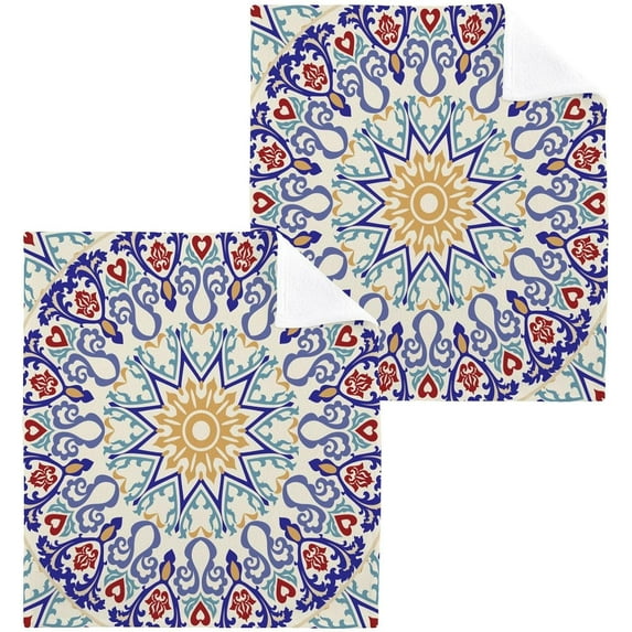 Floral Mandala Washcloth 12x12in Set, 2 Pack Absorbent Cotton Towel Square Kitchen Dishes Towels, Soft Cleaning Face Hand Towel Fast Drying