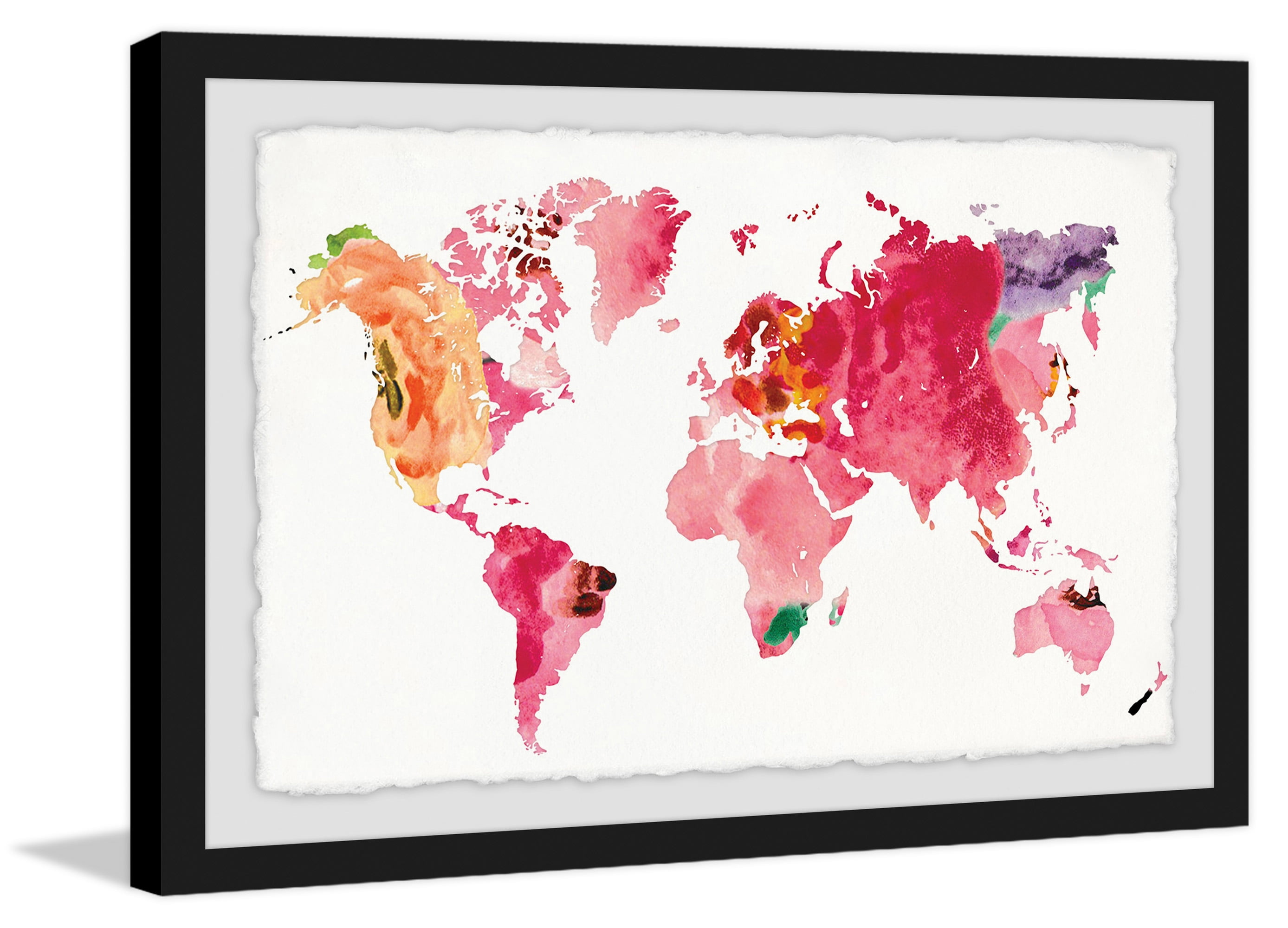 Floral World Map 45" x 30" Black Framed Print