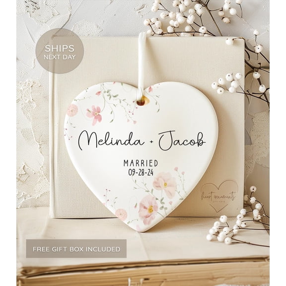Floral Married Christmas Ornament Personalized ScriptMarried Keepsake with Names & Date