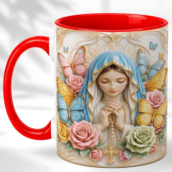 Floral Mary Coffee Mug, Butterfly Prayer Mug, Ceramic 11 oz
